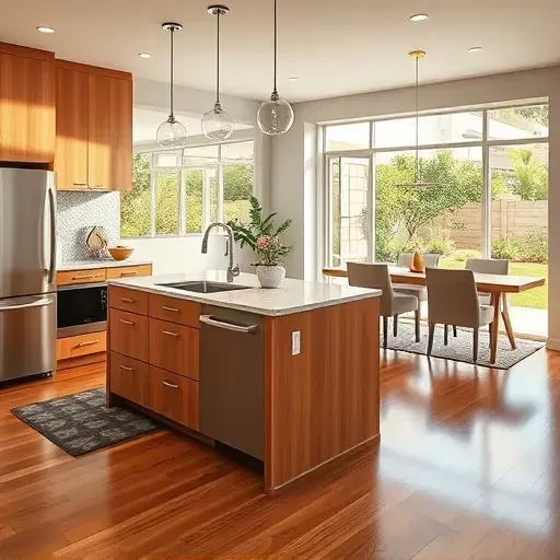 Renovated kitchen in Escondido CA with modern cabinetry, marble island, and natural light from large windows.