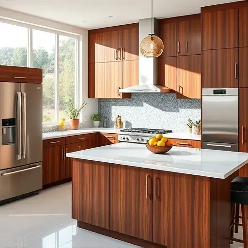 Remodeled kitchen in Del Dios CA with modern cabinetry, marble countertops, and vibrant fruit on an island.