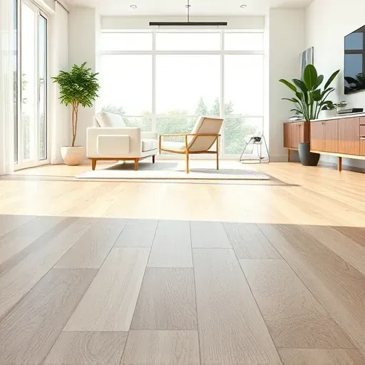 Seamless neutral-toned vinyl flooring in a modern interior with natural daylight, minimal decor, and polished textured surface