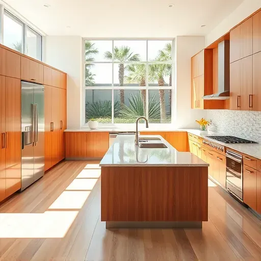 Renovated Solana Beach kitchen with modern wood cabinets stainless steel appliances large granite island sunlight views of lush garden