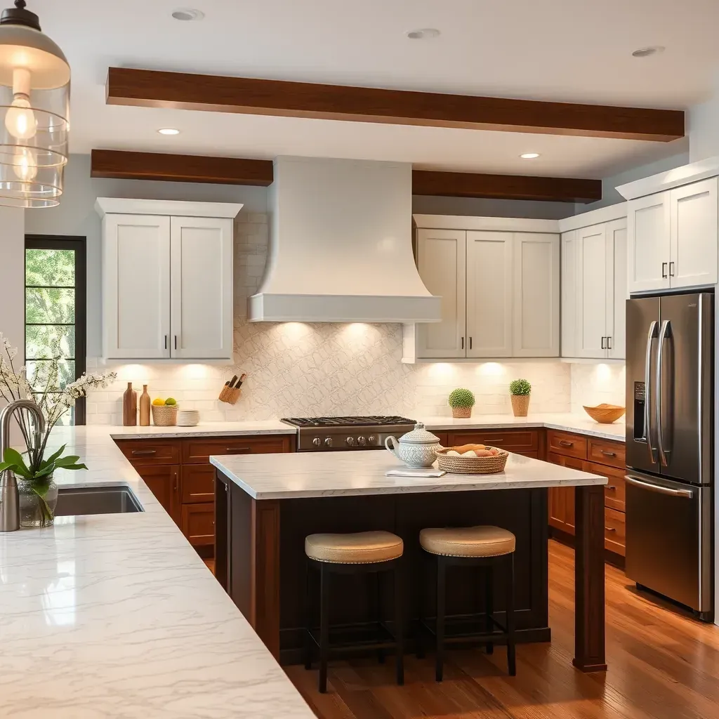 Modern kitchen remodeling in Del Mar, CA features sleek cabinetry, quartz countertops, and stylish lighting fixtures.