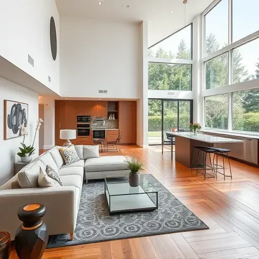 Modern Carmel Valley living room with high ceilings, large windows, contemporary furniture, and lush outdoor views.
