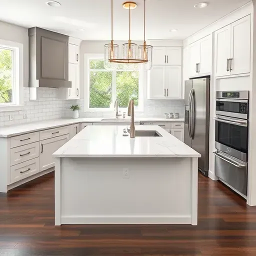 Remodeled Scripps Ranch kitchen with quartz countertops, matte black fixtures, white shaker cabinets, marble island, stainless steel appliances, hardwood floors, natural sunlight.