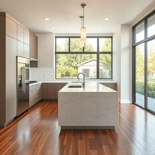Recently renovated kitchen in Vista, CA, featuring modern cabinetry, quartz island, stainless steel appliances, and hardwood flooring.