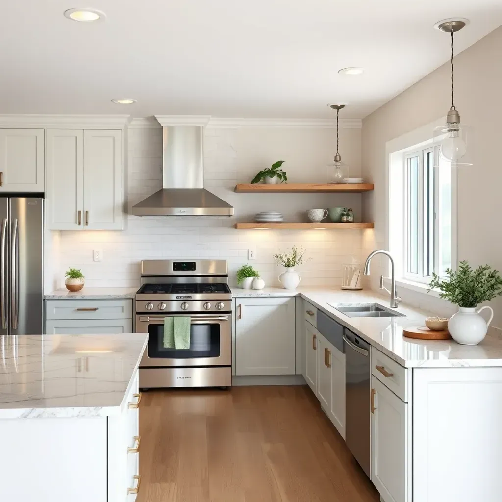 Modern coastal kitchen in Cardiff-by-the-Sea, featuring bright open space, quartz counters, stainless steel appliances, and beach-inspired decor.