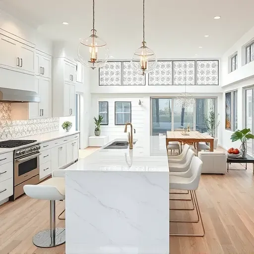 Modern kitchen remodel in Pala Mesa CA with high-end appliances, marble island, and natural light enhancing elegance.