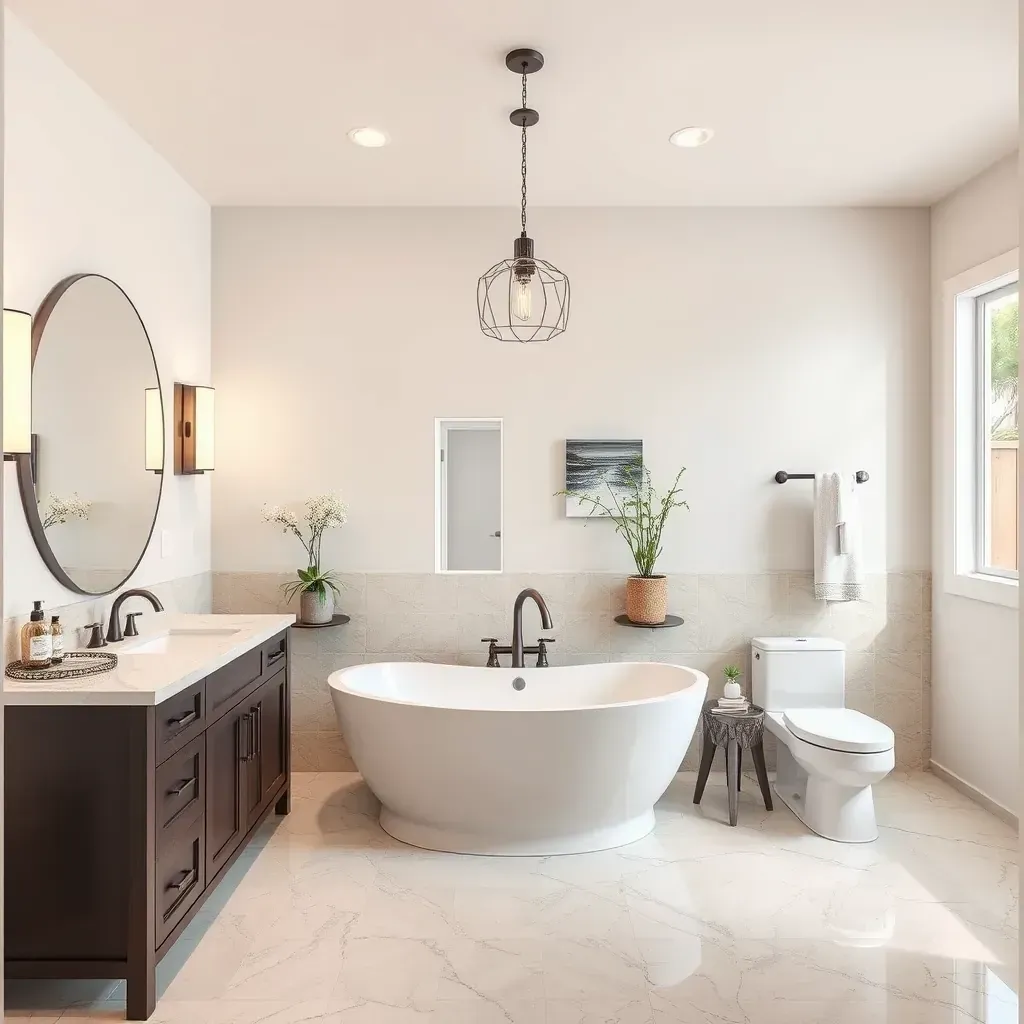 Modern remodeled bathroom with glass shower, freestanding tub, neutral tones, natural stone tiles, and stylish fixtures.