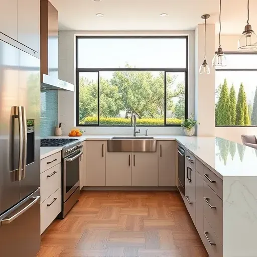 Remodeled San Marcos kitchen with matte modern cabinets stainless appliances quartz countertops greenery view