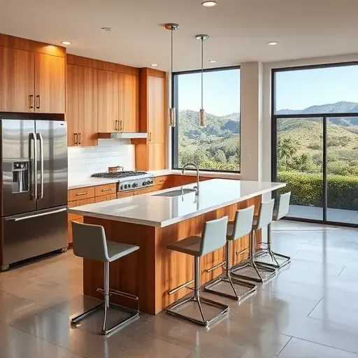 Modern San Elijo Hills kitchen with wood cabinets, stainless steel appliances, quartz island, subway tile backsplash, and views of greenery