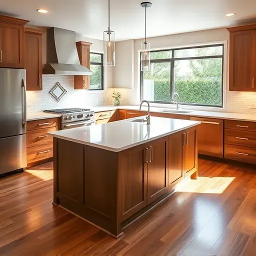 Bright renovated Olivenhain CA kitchen with quartz countertops stainless steel appliances custom wood cabinetry marble island hardwood floors and lush backyard view