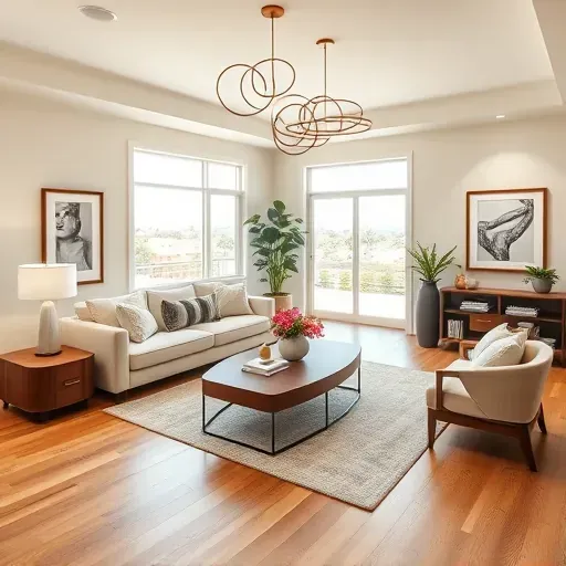 Modern living room in Torrey Highlands CA featuring an open floor plan, warm colors, and stylish furnishings.