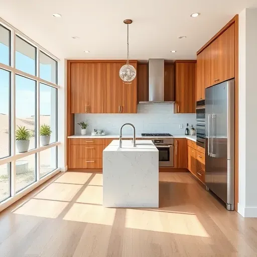 Modern renovated Solana Beach kitchen with sleek wood cabinets stainless steel appliances marble countertops island coastal views