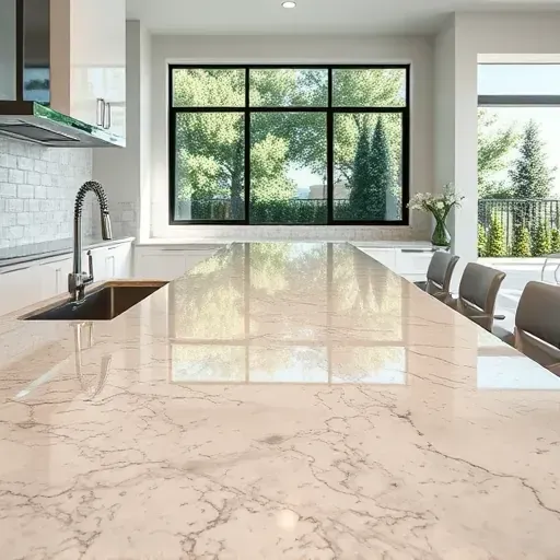 Meticulously installed natural stone countertop in a modern Vista CA kitchen highlighting veining, textures, and polished surface