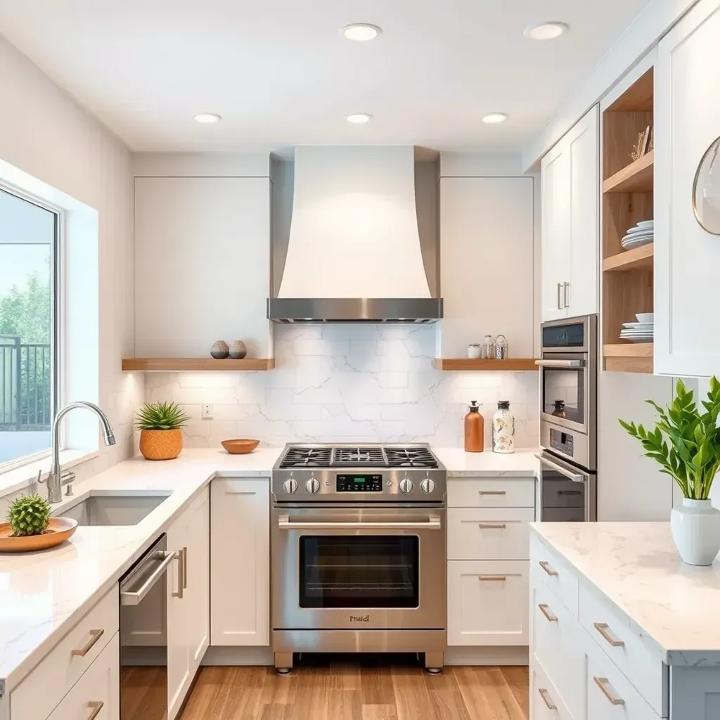Remodeled Vista, CA kitchen with white cabinets, quartz countertops, stainless appliances, and natural light.
