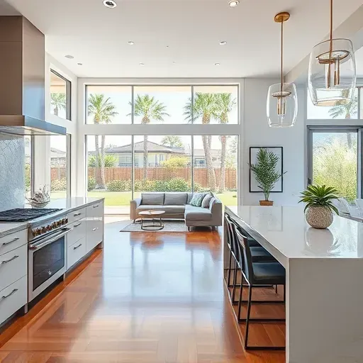 Modern Encinitas kitchen with granite countertops and stainless steel appliances opens to a stylish living area filled with light.