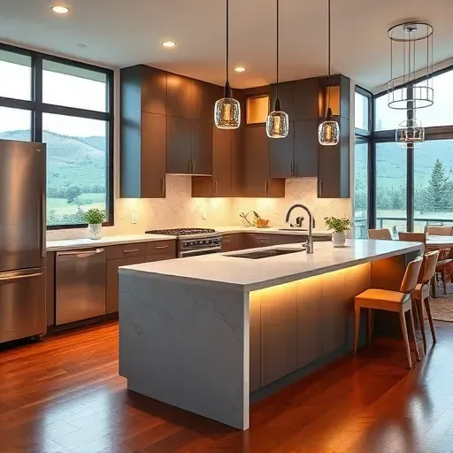 Modern Carmel Valley kitchen with matte cabinetry, stainless steel appliances, marble island, natural light, lush greenery views