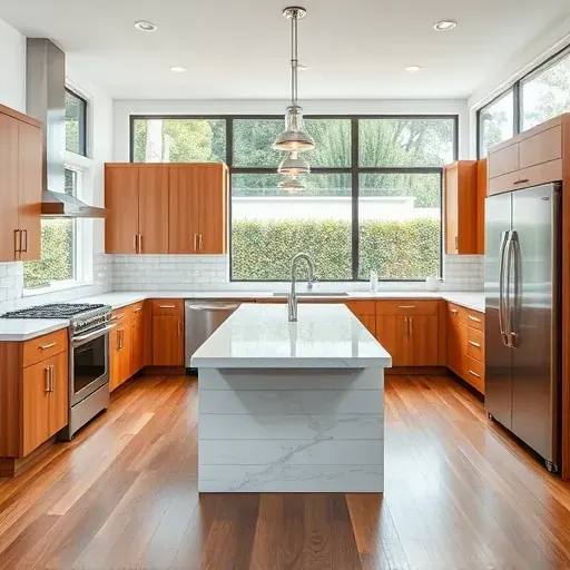 Remodeled Valley Center California kitchen with warm wood cabinetry stainless steel appliances marble island hardwood floors and natural light