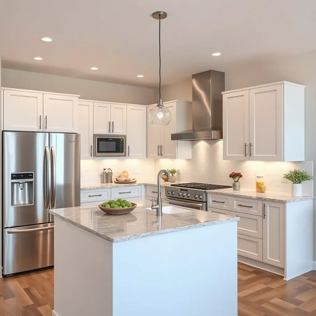 Bright, modern San Marcos kitchen with wood cabinetry, quartz countertops, stainless steel appliances, pendant lighting, and natural light.