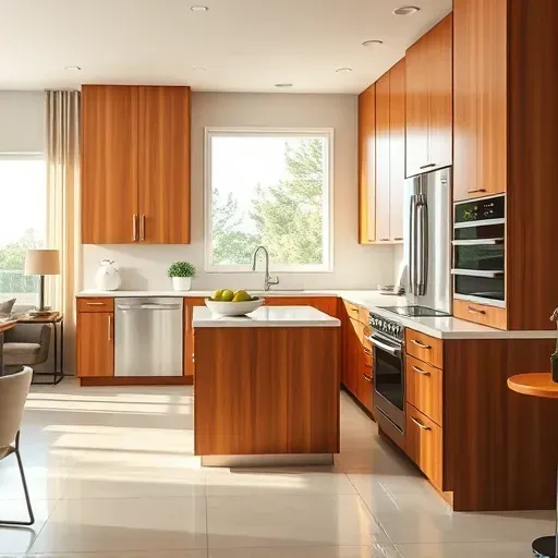 Renovated Vista CA kitchen with warm wood cabinets stainless steel appliances natural light modern decor and elegant neutral tiles