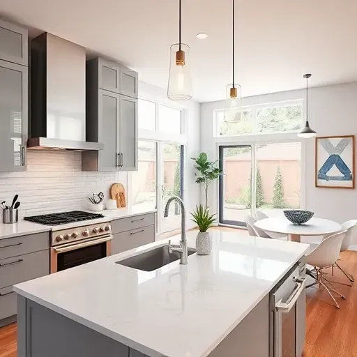 Contemporary kitchen remodel in Rancho Peñasquitos featuring sleek design, quartz countertops, and elegant lighting.