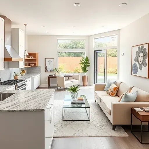 Home remodeling project in Normal Heights CA featuring a modern cozy living space with open-plan kitchen and living room.