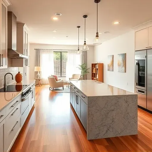 Completed home remodeling in Clairemont, CA features a modern kitchen with sleek cabinetry and hardwood flooring.