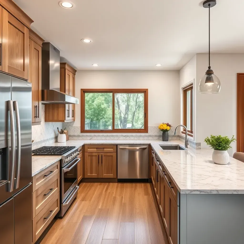 Modern upscale kitchen in Fairbanks Ranch, CA with wood cabinetry, quartz countertops, stainless steel appliances, and natural light.