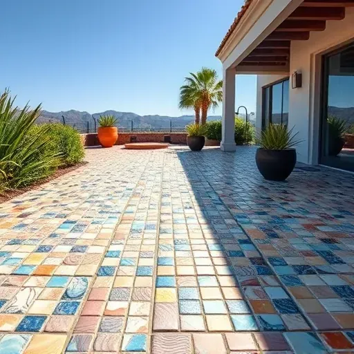 Finished vibrant mosaic tile installation in Vista CA with intricate patterns, lush landscaping, and scenic background
