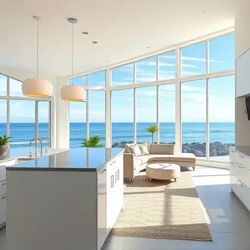 Home remodeling in Del Mar CA features a modern kitchen with white cabinetry, granite island, and ocean views.
