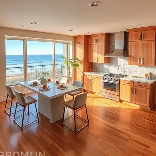 Modern Oceanside kitchen remodel with elegant cabinetry, granite countertops, and ocean views enhances coastal living.