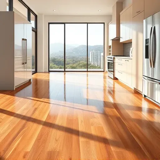 Beautiful view of a modern kitchen with warm hardwood flooring, sleek cabinetry, stainless steel appliances, and scenic windows in Vista California