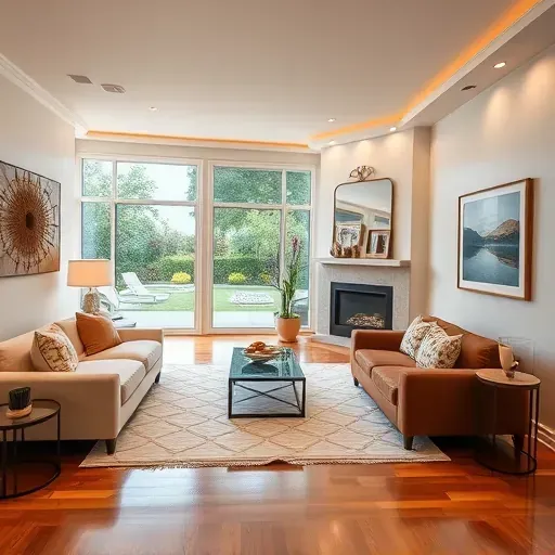 Elegant living room in Torrey Highlands featuring contemporary design, polished hardwood floors, and stylish decor.