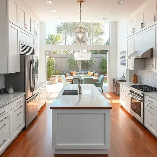 Modern remodeled Vista California kitchen with quartz countertops, white cabinets, wooden island, stainless steel appliances, hardwood floors, and natural light