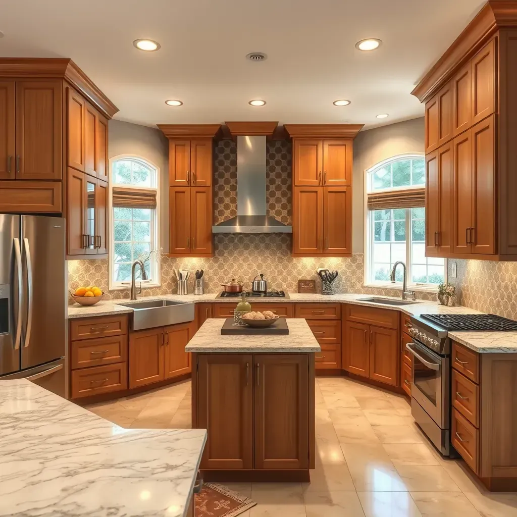 Modern remodeled Vista, CA kitchen with white quartz countertops, natural wood cabinetry, stainless steel appliances, and a large island.