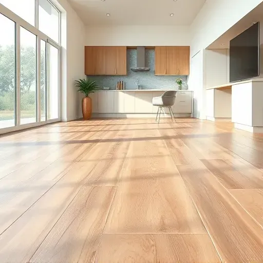 Waterproof wood grain flooring in a modern Vista California interior with natural light, sleek decor, and warm neutral tones