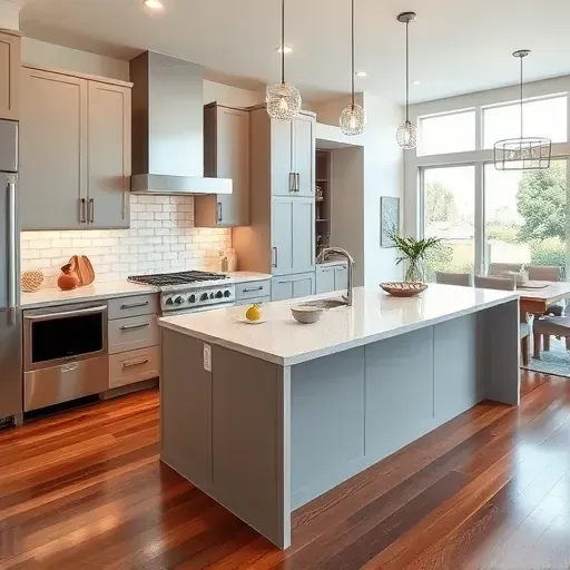 Recently renovated modern kitchen in Carmel Mountain Ranch featuring sleek matte cabinets quartz island stainless steel appliances subway tile backsplash hardwood flooring open-concept layout and natural light.