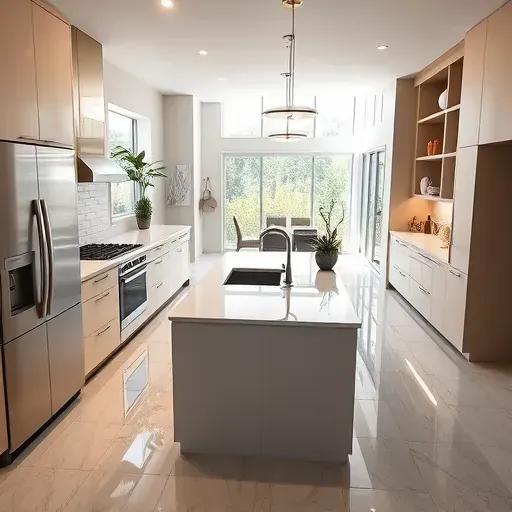 Remodeled modern kitchen in Sabre Springs CA with matte cabinets stainless appliances quartz countertops subway tile flooring natural light