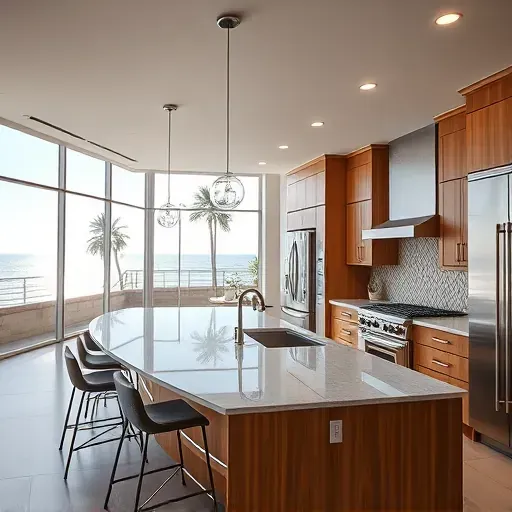 Remodeled kitchen in Oceanside CA with quartz countertops, stainless steel appliances, natural light, and coastal views.