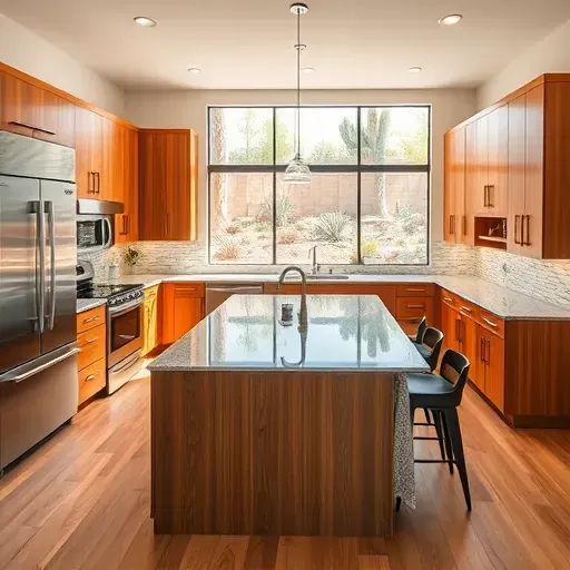 Modern remodeled kitchen in Hidden Meadows CA with stainless steel appliances, warm wood cabinets, granite island, hardwood floors, and landscaped backyard