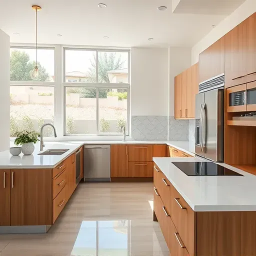 Renovated Sabre Springs CA kitchen with quartz countertops stainless steel appliances custom wood cabinets natural light landscaped backyard