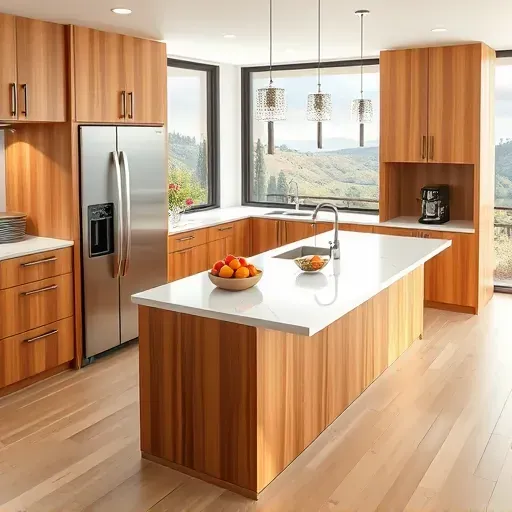 Remodeled Carmel Valley kitchen with warm wood cabinets, white quartz surfaces, marble island, stainless appliances, greenery views