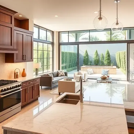 Elegantly designed kitchen in Rancho Bernardo with modern appliances, quartz countertops, and sunlit living area.