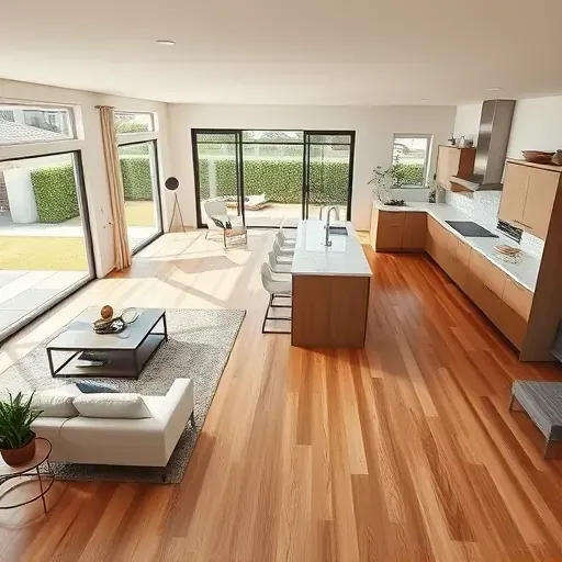 Spacious modern living area in 4S Ranch CA with hardwood floors, sleek kitchen, and lush garden view.