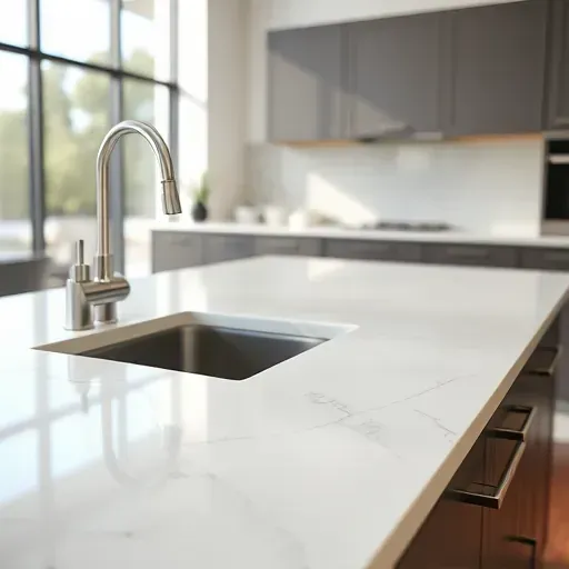 Meticulously installed quartz kitchen countertop in Vista California with natural veining, sleek finish, and modern design.