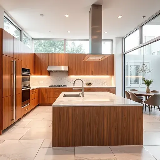 Modern finished kitchen in Del Dios CA with sleek cabinetry, quartz countertops, stainless steel appliances, glass tile backsplash, and natural light