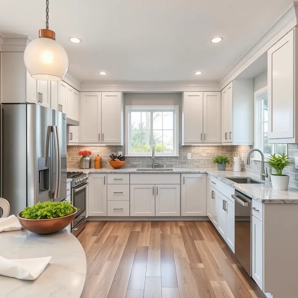 Modern Harmony Grove kitchen with white shaker cabinets, quartz countertops, large island, farmhouse accents, and lush views.