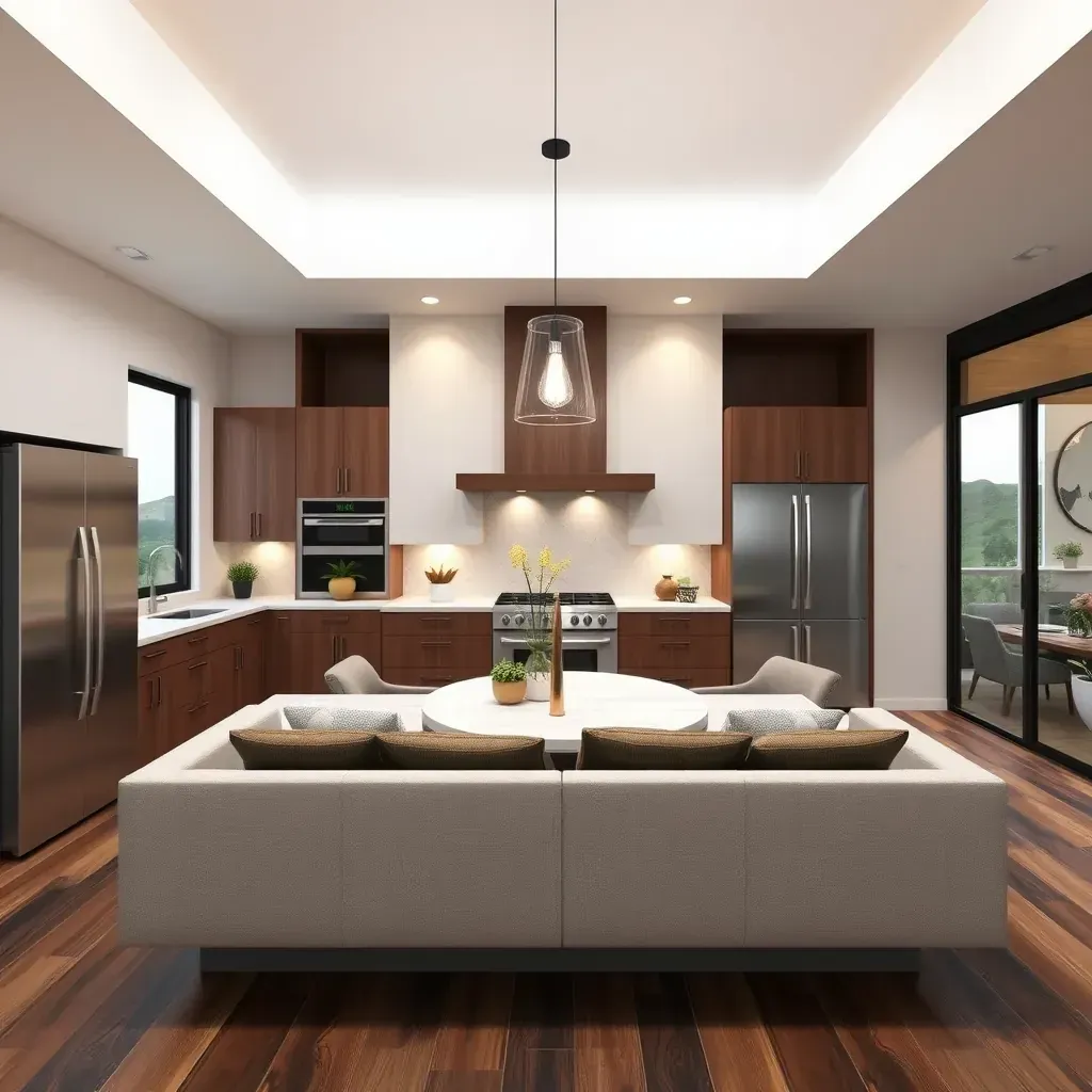 Modern Black Mountain Ranch home with landscaped yard, outdoor patio, fire pit, and scenic hill backdrop.