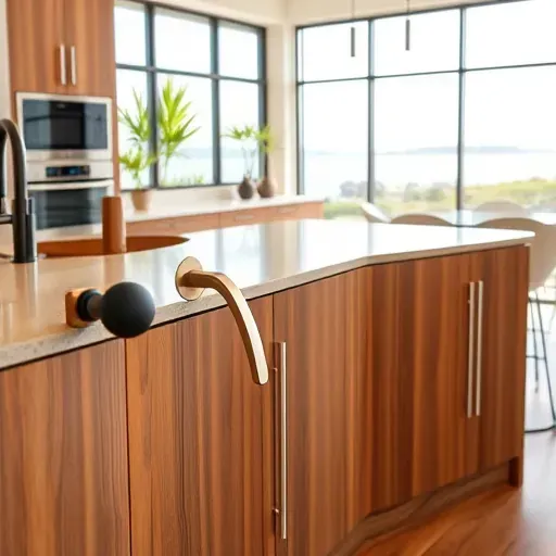 Modern Vista kitchen with brushed nickel and matte black cabinet hardware, natural wood cabinets, quartz countertops, and sunlight.