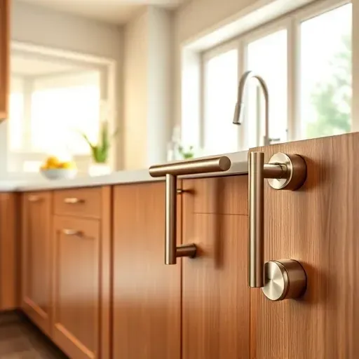 Finished modern cabinet hardware on freshly painted wooden cabinets in a bright upscale kitchen with natural sunlight.