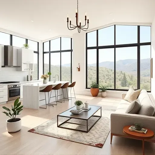 Contemporary kitchen and living area in Black Mountain Ranch with sleek appliances, natural light, and elegant decor.